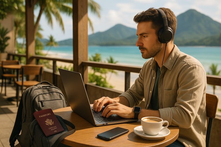 profissional nômade digital trabalhando com notebook em um café ao ar livre com paisagem tropical ao fundo, com mochila, fones e estrutura digital organizada