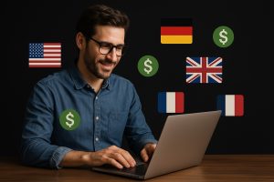 profissional trabalhando remotamente com clientes internacionais em plataformas digitais, com ícones de dólar e bandeiras de países ao redor